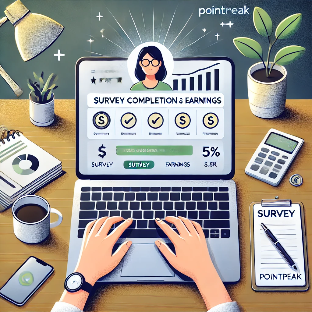 A person earning money from home using the PointPeak app on a laptop and smartphone